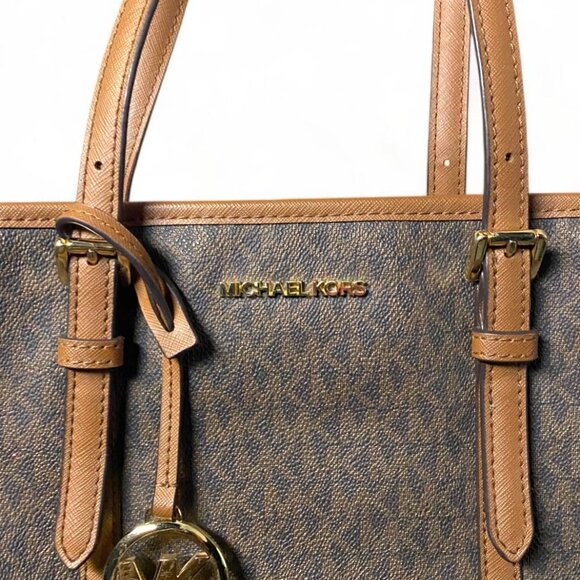 MICHAEL KORS -Leather Med Shoulder Handbag Tote Bag Brown MK Signature Purse - Picture 4 of 5